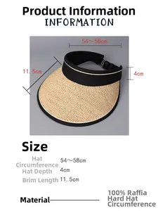Guide des tailles pour visière en raphia montrant les dimensions et le matériau naturel