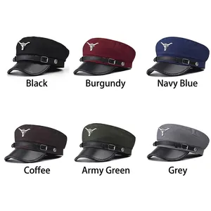 Casquette militaire à tête de taureau en métal avec visière en similicuir six couleurs