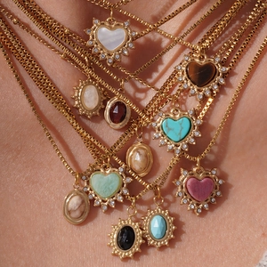 Herz Oval Anhänger Halskette Edelstahl 18K Vergoldet Naturstein Türkis Tigerauge Muschel Boho Schmuck