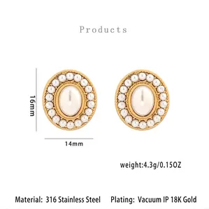 Gold-plated 316 stainless steel earrings with pearl inlays measuring 16mm by 14mm