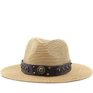 Western Cowboy Straw Fedora Hat Breathable Woven Sun Protection Beach Holiday Faux Leather Band Rivets Retro Style