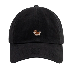 Classic black cotton baseball cap with cute corgi dog embroidery on the front