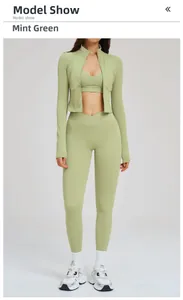 Detailed studio shot of a 3-piece fitness set in sage green featuring a zip jacket and leggings