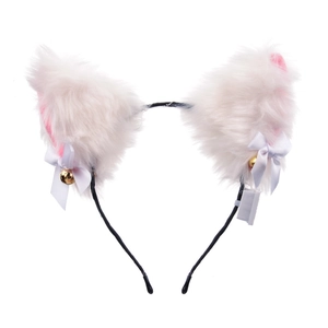 Luminous plush cat ear headband with white bows and bells on a clean white background
