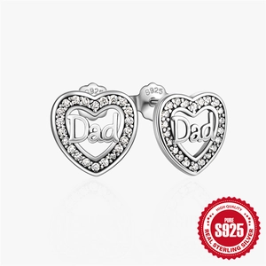 Elegant S925 sterling silver heart-shaped stud earrings featuring Dad engraving and zircons