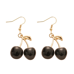 Dark resin cherry drop earrings with gold metal leaves and secure hooks for women