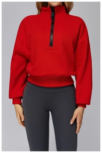 Detailed view of the red half-zip fleece sweatshirt with black zipper and ribbed cuffs