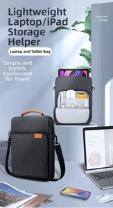 Detail view of dark gray laptop sleeve with leather handles and multiple storage pockets