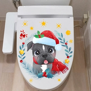 Detailed view of a Christmas toilet lid decal featuring a cute dog in a red Santa hat
