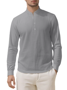 Detail of grey linen shirt for men featuring a stand collar and textured fabric weave