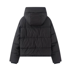 Back view of black quilted hooded jacket featuring windproof and waterproof fabric