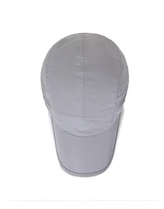 Top view of a grey quick-dry five-panel baseball cap with breathable polyester fabric