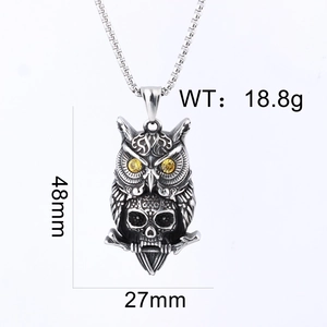 Polished stainless steel owl skull pendant with yellow gem eyes and dimensions 48mm x 27mm