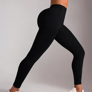 Black high-waisted yoga pants with invisible butt-lifting lines and side pockets