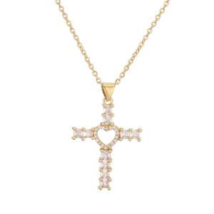Gold plated cross necklace with heart cutout and sparkling cubic zirconia crystals