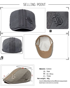 Detailed views of cotton beret showing embroidery, metal buckle, and size specifications