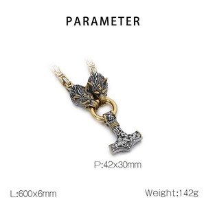 Detailed specs for Viking wolf head necklace with Thor's hammer and two-tone chain