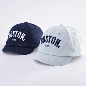 Kids vintage denim baseball cap with white Boston embroidery in dark and light blue colors