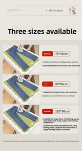 Size comparison chart for foldable velvet ironing pads in medium, large and extra large sizes