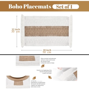 Detail of Boho white and brown cotton linen placemat with tassel care instructions