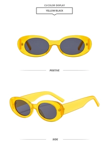 Front and side views of vintage oval yellow frame sunglasses with dark gray lenses