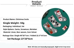 Detailed dimensions of 48cm linen Christmas stocking with Santa, snowman and elk patterns