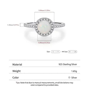 S925 sterling silver opal ring with precise size measurements and dimension details