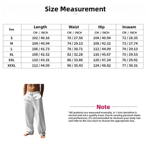 Detailed size chart for men's linen pants including waist, hip, and length in CM and INCH