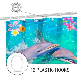 Detail of 0.4 inch metal grommets and 12 plastic hooks for dolphin ocean shower curtain