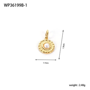 Detailed view of round gold pendant with pearl center and radial sunburst texture