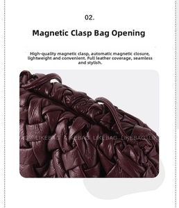 Detail of the deep burgundy woven leather bag featuring a functional magnetic closure