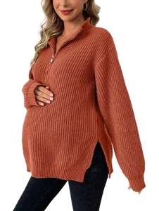 Pull En Maille De Maternité Demi Fermeture Éclair Col Montant Fente Latérale Manches Longues Tricot Ample