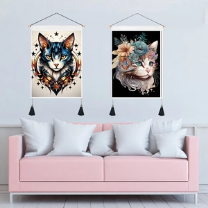 Bohemian style 3D cat pattern tapestry with tassels and wooden rod for wall decor