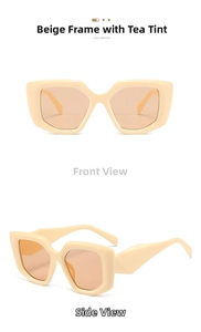 Beige oversized geometric sunglasses with tea lenses showing front and side views