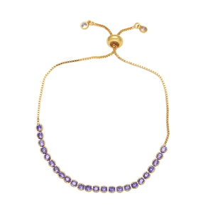 Detail of adjustable gold box chain with micro-set purple zircon stones and slider clasp