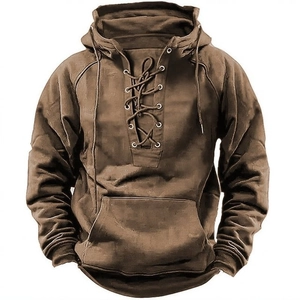 Detailed view of medieval retro brown hoodie featuring front lace-up closure and kangaroo pocket