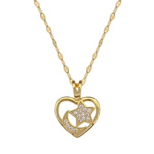 Elegant gold titanium necklace with hollow heart pendant featuring star and moon pavé crystals