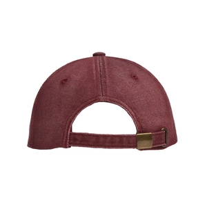 Detailed back view of vintage burgundy denim baseball cap with adjustable metal buckle