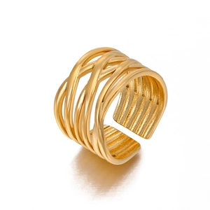 Minimalist 18K gold plated stainless steel braided open ring with multi-layer design