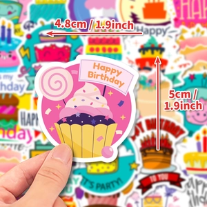 Detail view of 5cm pink Happy Birthday cupcake sticker with size dimensions included