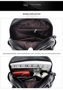 Macro view showing large capacity and internal compartments of the black leather backpack