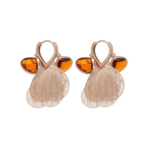 Elegant rose gold heart earrings with delicate multi-layered petal fringe on white background