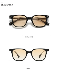 Front and top view of black square frame sunglasses with tea lenses and star rivets