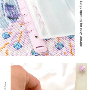 Detail of pink 5D diamond painting storage folder with large opening transparent PVC pockets