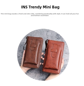 Detail of vintage brown leather phone wallet with top zipper and front flap pocket design