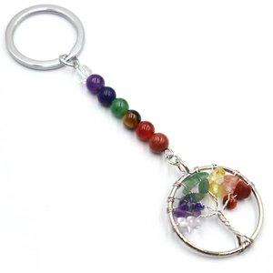 Close-up of tree of life keychain with colorful natural crystal stones and silver wire