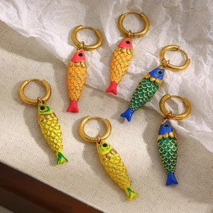 Stainless Steel Fish Dangle Hoop Earrings 18K Gold Plated Enamel Goldfish Animal Shape Jewelry For Women