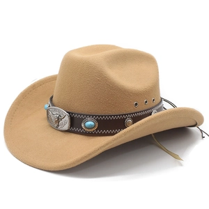 Detail of vintage fedora with brown leather band, turquoise stone, and metal buckle
