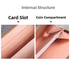 Internal layout of pink long wallet showing card slots and zipper coin pocket