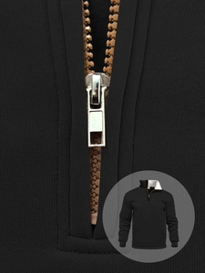 Detail of metal half-zip closure on black waffle knit sweatshirt with stand collar